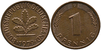ФРГ 1 ПФЕННИГ 1979 G KM 105, J.380 сталь плакированная медью 96-1114
