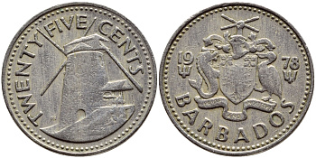 Барбадос 25 центов 1978 ветряная мельница Моргана Льюиса KM 13 медно-никель 4398-346