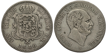 Брауншвейг-Каленберг-Ганновер 1 талер 1840 S, Эрнст Август (1837-1851) редкий КМ 193, Jaeger 68, Thun 161, AKS 103, Kahnt 229 серебро 1517-1445