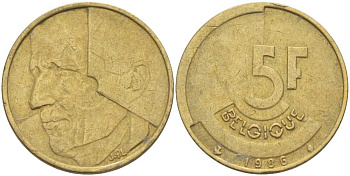 БЕЛЬГИЯ 5 ФРАНКОВ 1986 BELGIQUE, БОДУЭН I (1951-1993) KM 163 латунь или алюминиевая бронза 4364-1945