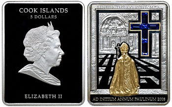 Острова Кука 5 долларов 2008 Папа Римский, распятие, синий крест, стразы, позолота серебро PROOF 1065-2-22
