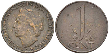 НИДЕРЛАНДЫ 1 ЦЕНТ 1948 ВИЛЬГЕЛЬМИНА (1890-1948) KM 107 бронза 214-1016