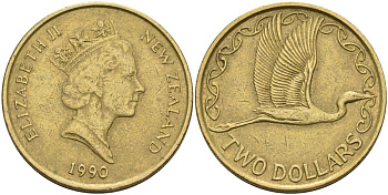 Новая Зеландия 2 доллара 1990 Елизавета II (1952-2022), большая белая цапля KM 79 алюминиевая бронза 4126-1215