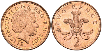 Великобритания 2 пенса 2007 Елизавета II (1952-2022) KM 987, Spink 4690 (C5) сталь плакированная медью 177-755