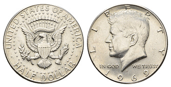 США 1/2 доллара (50 центов) 1969 D, Джон Кеннеди KM 202a серебро UNC 4672-516
