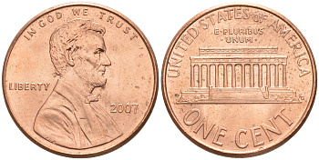 США 1 ЦЕНТ 2007 ЛИНКОЛЬН KM 201b цинк плакированный медью UNC 187-738