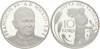 Ватикан 10 евро 2013 всемирный день молитвы за призвание, в оригинальной коробке, сертификат серебро PROOF 5-6-3-76