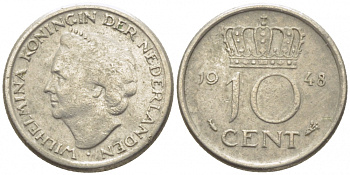 Нидерланды 10 центов 1948 Вильгельмина (1895-1948) KM 177 никель 112-254