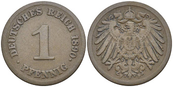 ГЕРМАНИЯ 1 ПФЕННИГ 1890 F KM 10, Jager. 10, Weege 2 медь 4528-1118