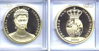 НИДЕРЛАНДЫ МЕДАЛЬ ND ПРИНЦЕССА МАКСИМА - ОРАНСКО-НАССАУСКАЯ (СВАДЬБА 2002) бронза, позолота PROOF 5-3-1-78