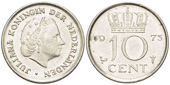 НИДЕРЛАНДЫ 10 ЦЕНТОВ 1973 ЮЛИАНА (1948-1980) KM 182 никель 214-1265