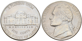 США 5 ЦЕНТОВ 2005 D ДЖЕФФЕРСОН KM A192 медно-никель 190-216