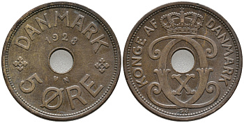 ДАНИЯ 5 ЭРЕ 1928 N; GJ, КРИСТИАН X (1912-1947) KM 828.2 бронза 32-1033