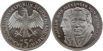 ФРГ 5 марок 1967 F, Вильгельм и Александр фон Гумбольдт J. 395, KM 120.1 серебро UNC 1520-1234