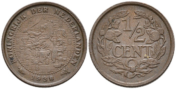 Нидерланды 1/2 цента 1938 Вильгельмина (1890-1948) KM 138 бронза 4576-424