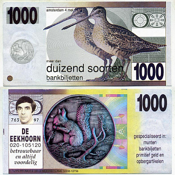 НИДЕРЛАНДЫ СУВЕНИРНАЯ БАНКНОТА ND DUIZEND SOORTEN BANKBILJETTEN, АМСТЕРДАМ 4 МАЯ, ПТИЧКИ, БЕЛКА бумага UNC (ПРЕСС) 7146-53-2-1