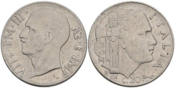 ИТАЛИЯ 20 ЧЕНТЕЗИМО 1942 R, ГОД XX, ВИКТОР ЭММАНУИЛ III (1900-1946), МАГНИТНАЯ, ГУРТ РИФЛЁНЫЙ KM 75b, VEM3. 1029 нержавеющая сталь 3853-437