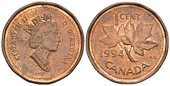 Канада 1 цент 1994 Елизавета II (1952-2022), кленовый лист KM 181 бронза 4609-246