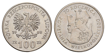 Польша 100 злотых 1988 70 лет Великопольскому восстанию Y 182 медно-никель UNC 4654-1026