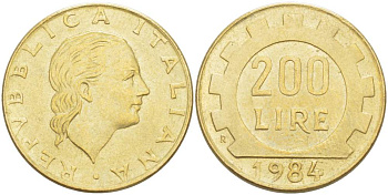 Италия 200 лир 1984 R, шестерня KM 105 алюминиевая бронза 4523-832