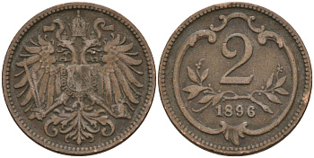 Австрия 2 геллера 1896 Франц Иосиф (1848-1916) KM 2801 бронза 4152-116