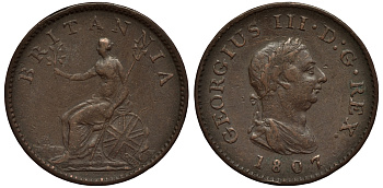 Великобритания 1 фартинг 1807 Георг III (1760-1820) KM 661, Spink 3782 медь 1523-1011