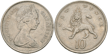 Великобритания 10 пенсов 1969 Елизавета II (1952-2022) KM 912, Spink 4231 (F1) медно-никель 08-426