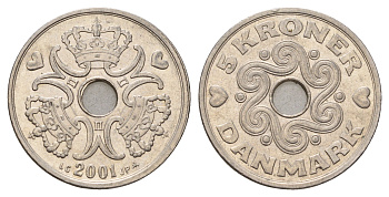 Дания 5 крон 2001 Маргрете II (1972-2024) KM 869 медно-никель aUNC 119-113