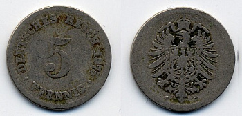 Германия 5 пфеннигов 1875 C, старогербовка KM 3, Jager 3, Weege 5 медно-никель 46-466