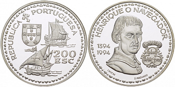 Португалия 200 эскудо 1994 МАЧАДО (1394-1994) KM 670а серебро PROOF 00-00