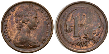 Австралия 1 цент 1967 Елизавета II (1953-), молодой портрет, опоссум KM 62 бронза 4602-214