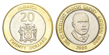 Ямайка 20 долларов 2000 KM 182 биметалл BU 4642-1032