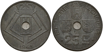 Бельгия 25 сантимов 1943 Belgie - Belgique, Леопольд III (1934-1947), германская оккупация, Вторая мировая война KM 132 цинк 4157-612