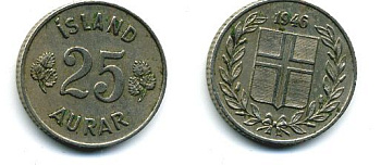 Исландия 25 эйре 1946 KM 11 медно-никель 46-2426