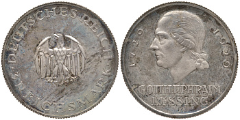 Германия 3 марки 1929 F, 200 лет со дня рождения Лессинга Weege 36, J. 335, KM 60 серебро PROOF 00-806-28