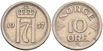 Норвегия 10 эре 1957 Хокон VII (1905-1957) KM 396 медно-никель 4580-957
