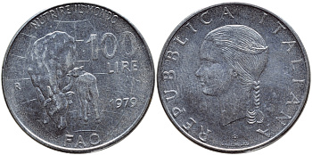 Италия 100 лир 1979 R, FAO, корова с теленком KM 106 нержавеющая сталь 4394-626
