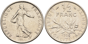 Франция 1/2 франка 1966 сеятель KM 931.1 никель    4169-147