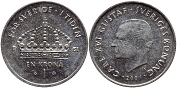 Швеция 1 крона 2007 Карл XVI Густав (1973- ) KM 894 медно-никель 93-1116