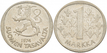 ФИНЛЯНДИЯ 1 МАРКА 1974 S KM 49а медно-никель 3718-1222