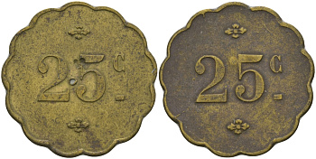 ФРАНЦИЯ 25 САНТИМОВ ND ПЛАТЕЖНЫЙ ЖЕТОН НАЧАЛА XX ВЕКА, КРАЙ ФИГУРНЫЙ, ДИАМЕТР 24 ММ. латунь 98-926