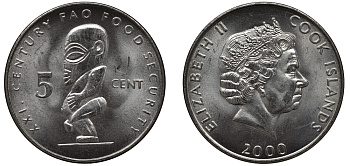 Острова Кука 5 центов 2000 FAO, идол KM 369 сталь плакированная никелем UNC M23-10