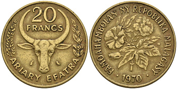 Мадагаскар 20 франков 1970 KM 12 алюминиевая бронза 4141-632