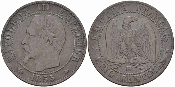Франция 5 сантимов 1855 BB, Наполеон III (1852-1870) KM 777.3, LE FRANC 116.21 бронза 108-335