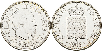 Монако 10 франков 1966 100 лет восхождению на престол Карла III KM 146 серебро UNC 1525-1223