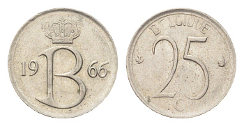 Бельгия 25 сантимов 1966 Belgique, Бодуэн I (1951-1993) KM 153 медно-никель 4705-327