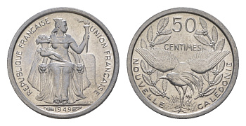 Французская Новая Каледония 50 сантимов 1949 птица кагу, заморские территории KM 1 алюминий  aUNC  4640-861