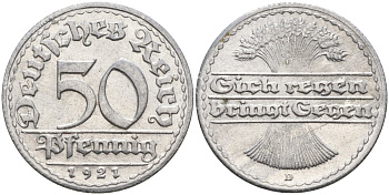 Германия 50 пфеннигов 1921 D KM 27, J.301, Weege 10 алюминий UNC 4584-737