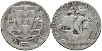 Португалия 2,50 эскудо 1942 парусник КМ 580 серебро 202-354