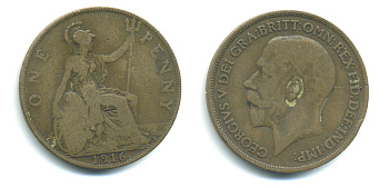 Великобритания 1 пенни 1916 Георг V (1910-1936) KM 810, Spink 4051 бронза 4383-511